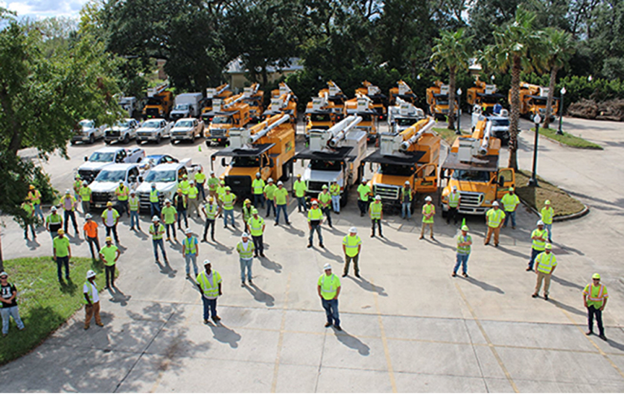 aerial view of Townsend Tree Services fleet of vehicles and employees